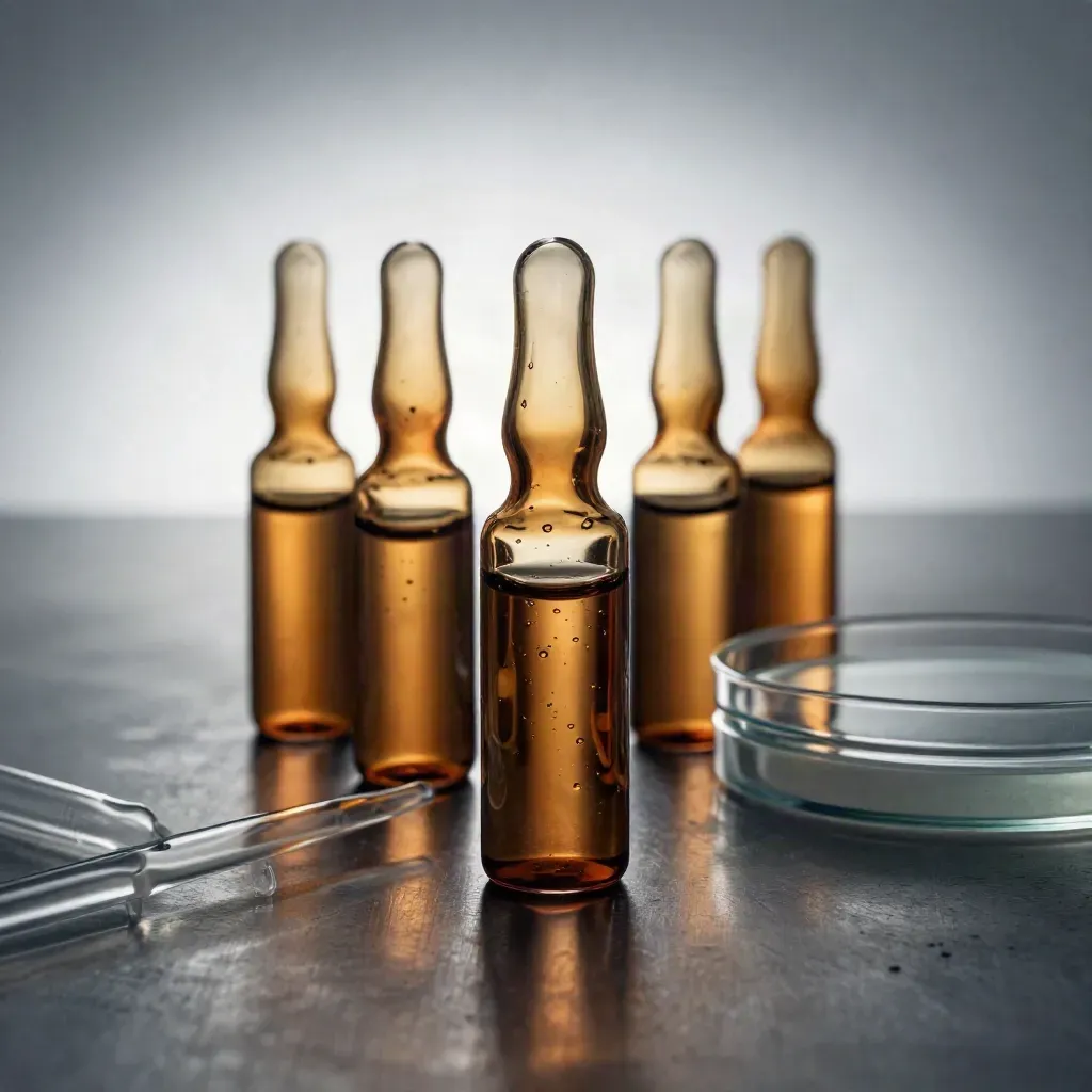 Amber lab vials, pipettes and petri dishes on brushed metal in dramatic side light.
