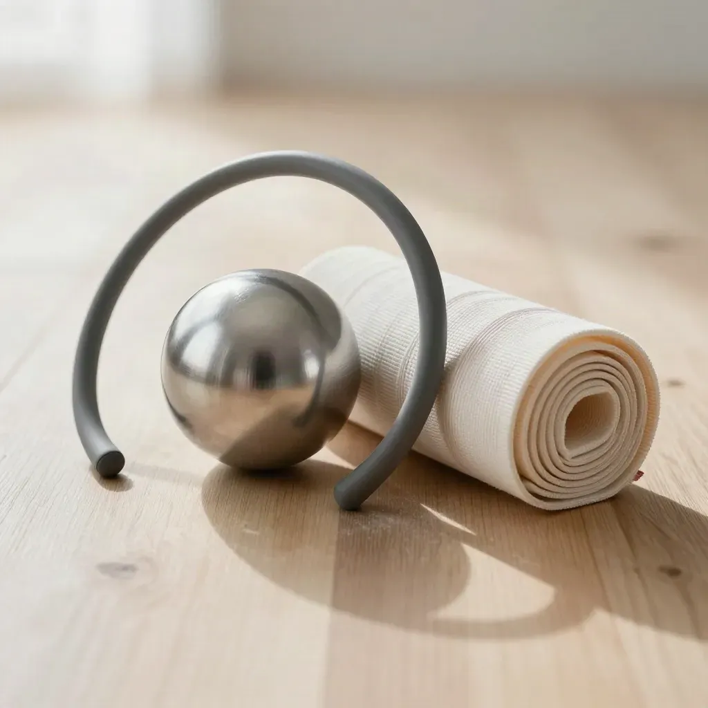 Resistance loop, massage sphere and compression wrap on pale wood with soft light