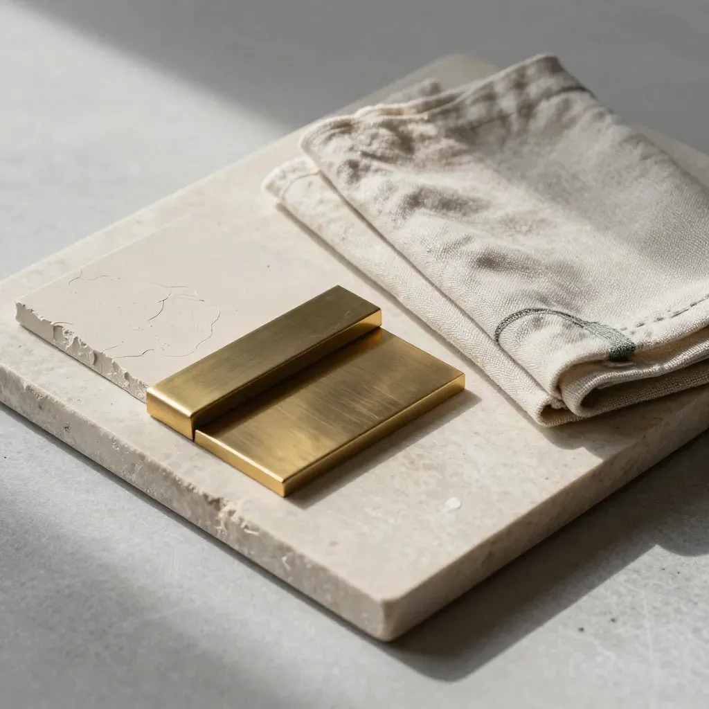 Architectural finish samples fanned on stone with brass and sage accents.