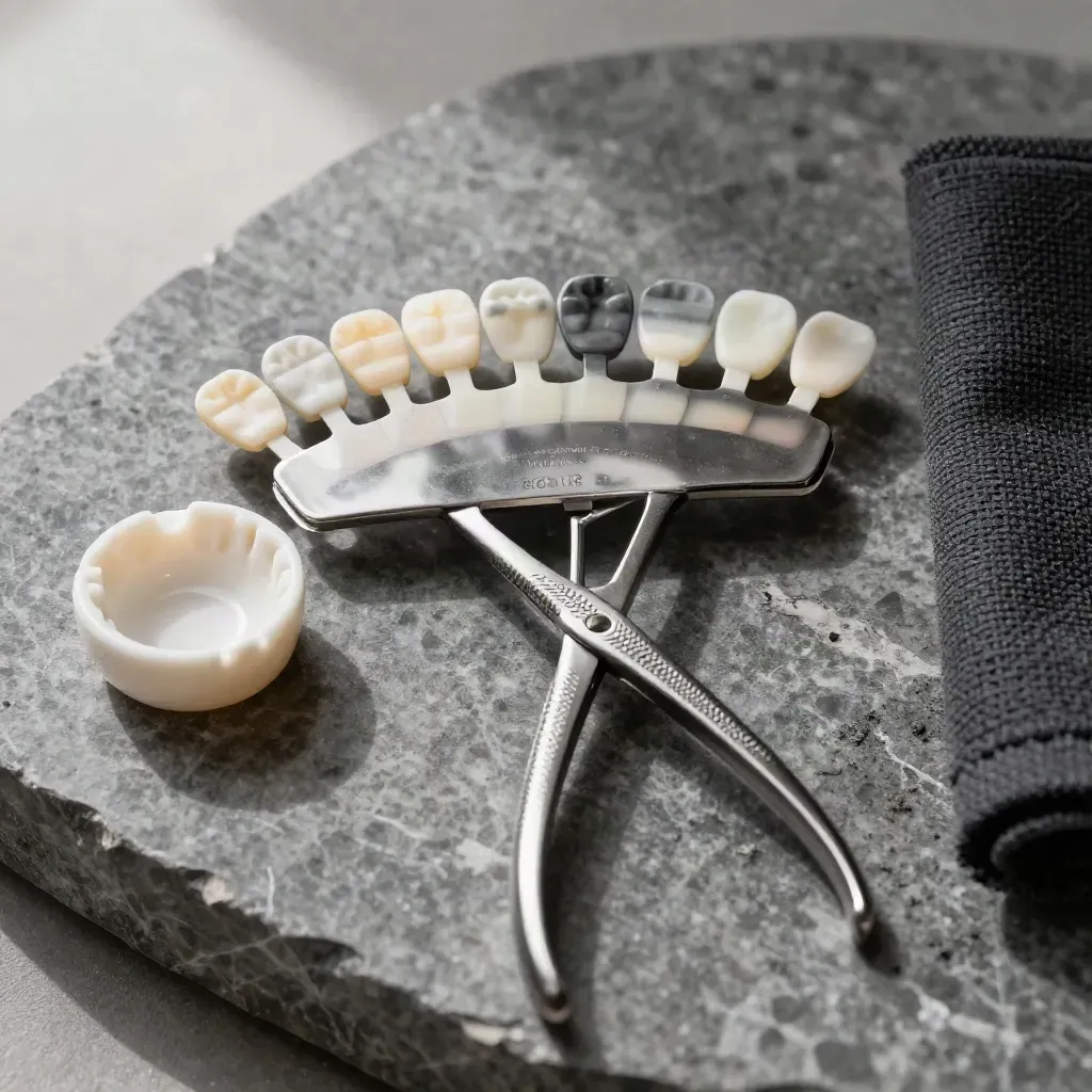 Dental shade tabs, forceps, and a ceramic bowl arranged on dark basalt in soft overhead light.