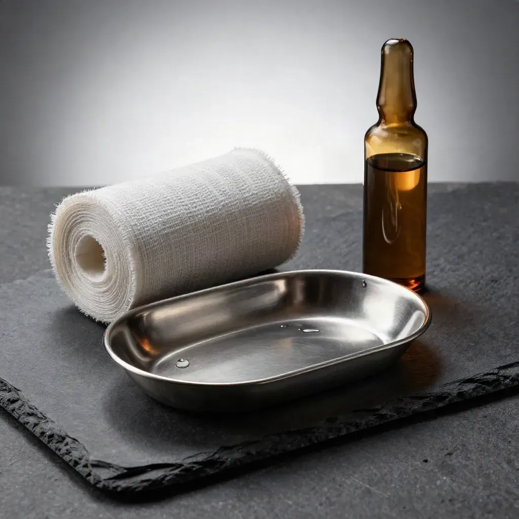 Stainless kidney dish, gauze roll and amber vial on slate with a droplet and cool vapour.