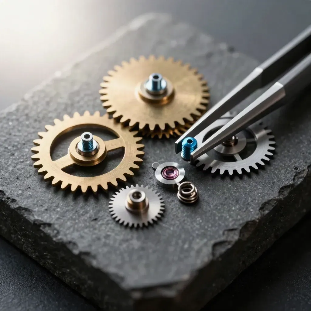 Watch gears, screws and tweezers on charcoal stone in a macro product still life