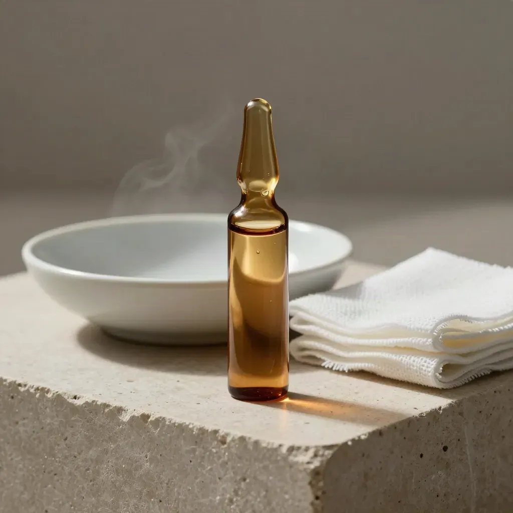 Amber peel ampoule, ceramic dish, and gauze pads on pale stone in dramatic clinic light.