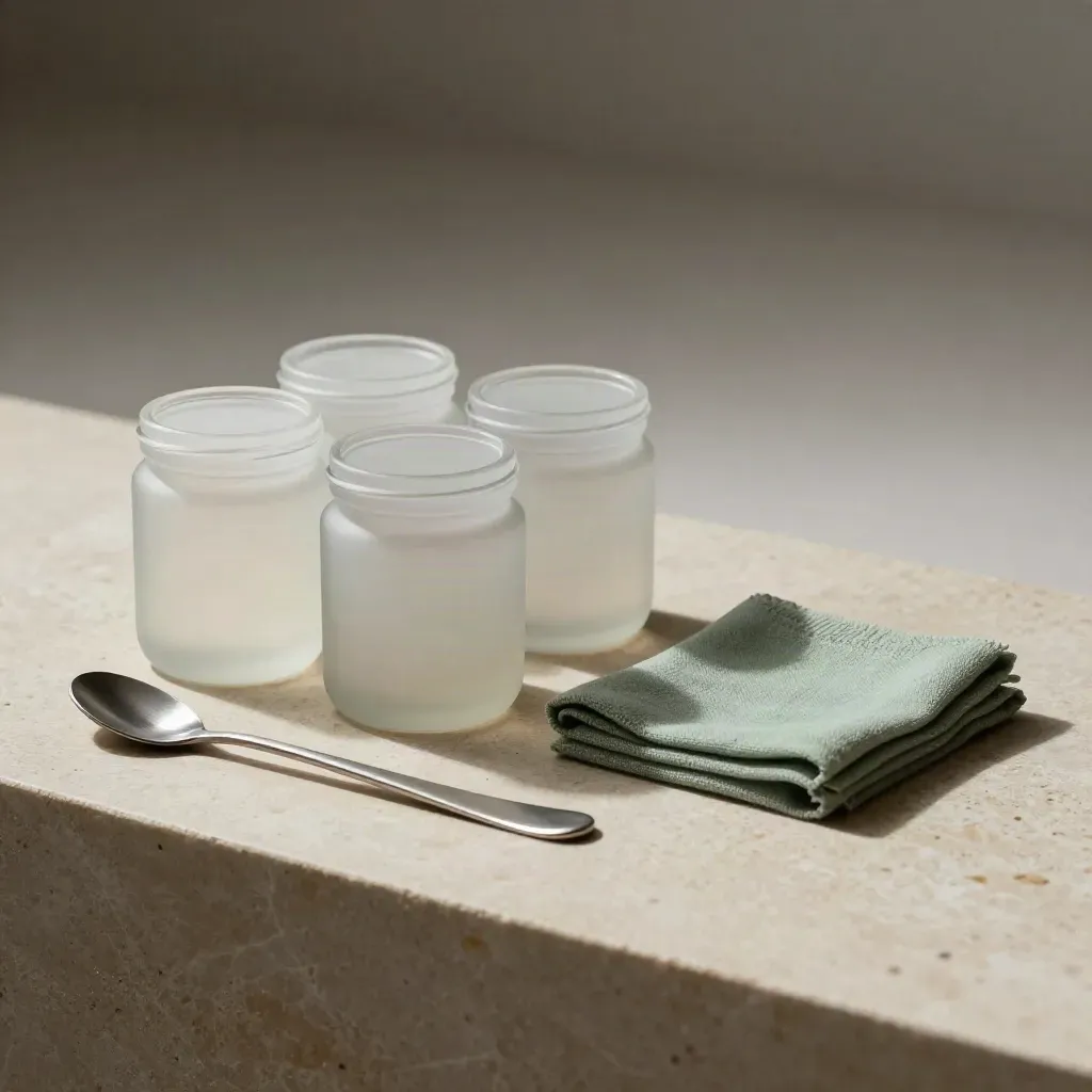 Frosted consultation jars with stone tile, stainless spoon and sage gauze on pale stone.