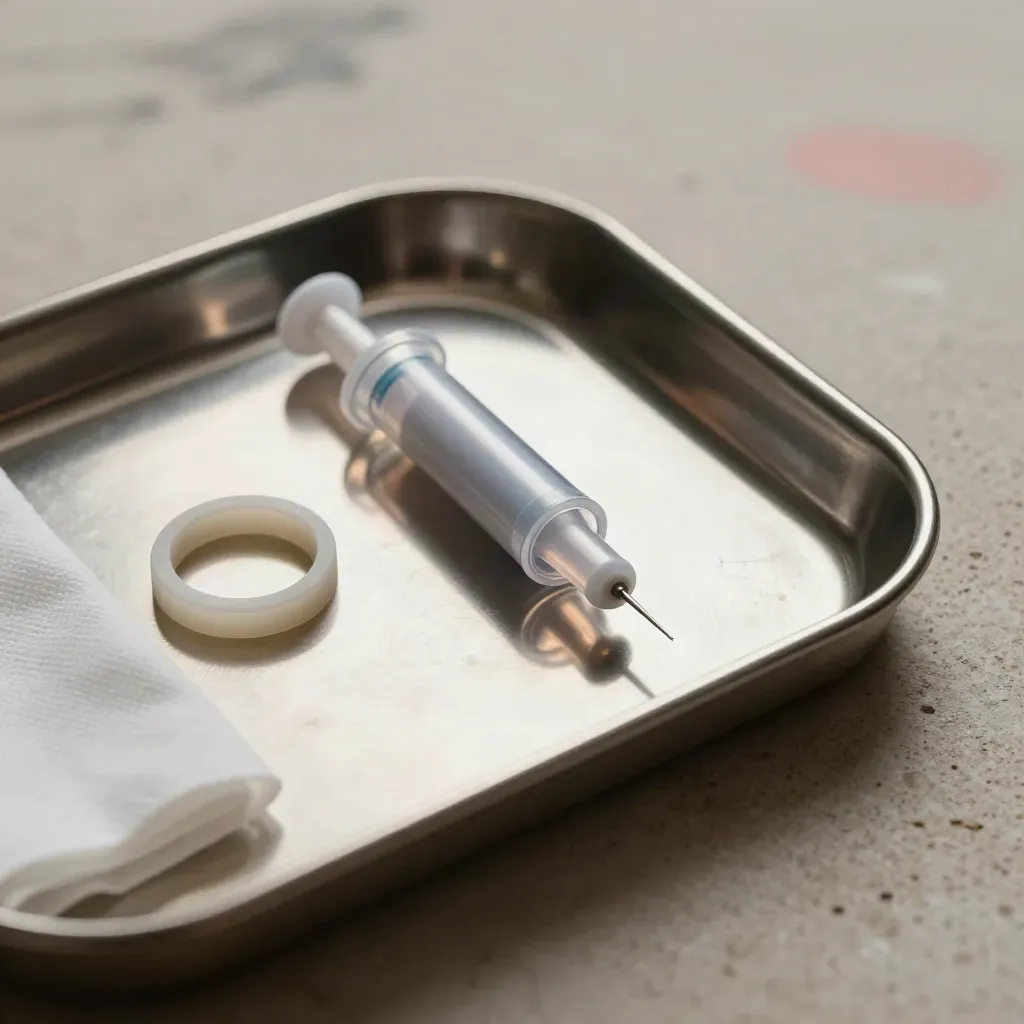 Overhead macro of a sealed microneedling cartridge beside a stainless tray on pale stone.