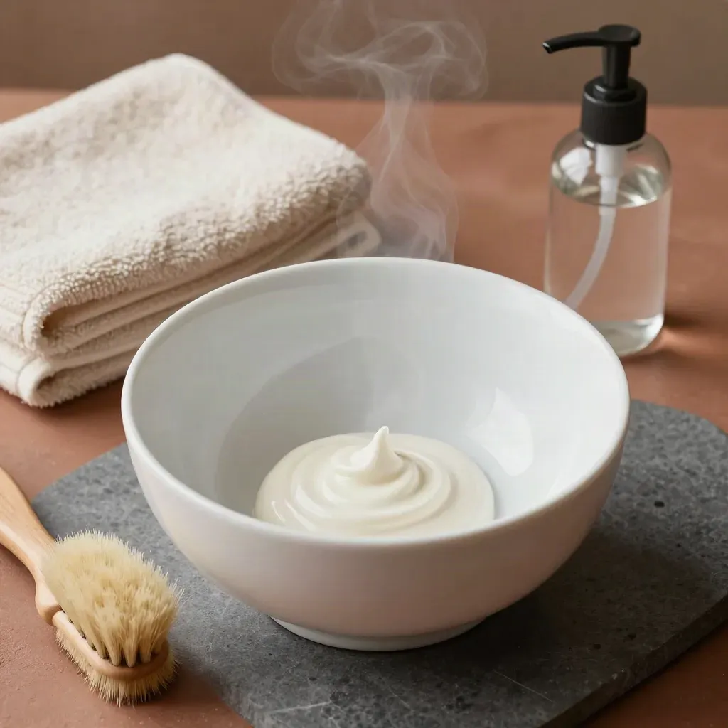 Porcelain facial bowl with cream, brush, towels, and glass pump bottle on clay stone