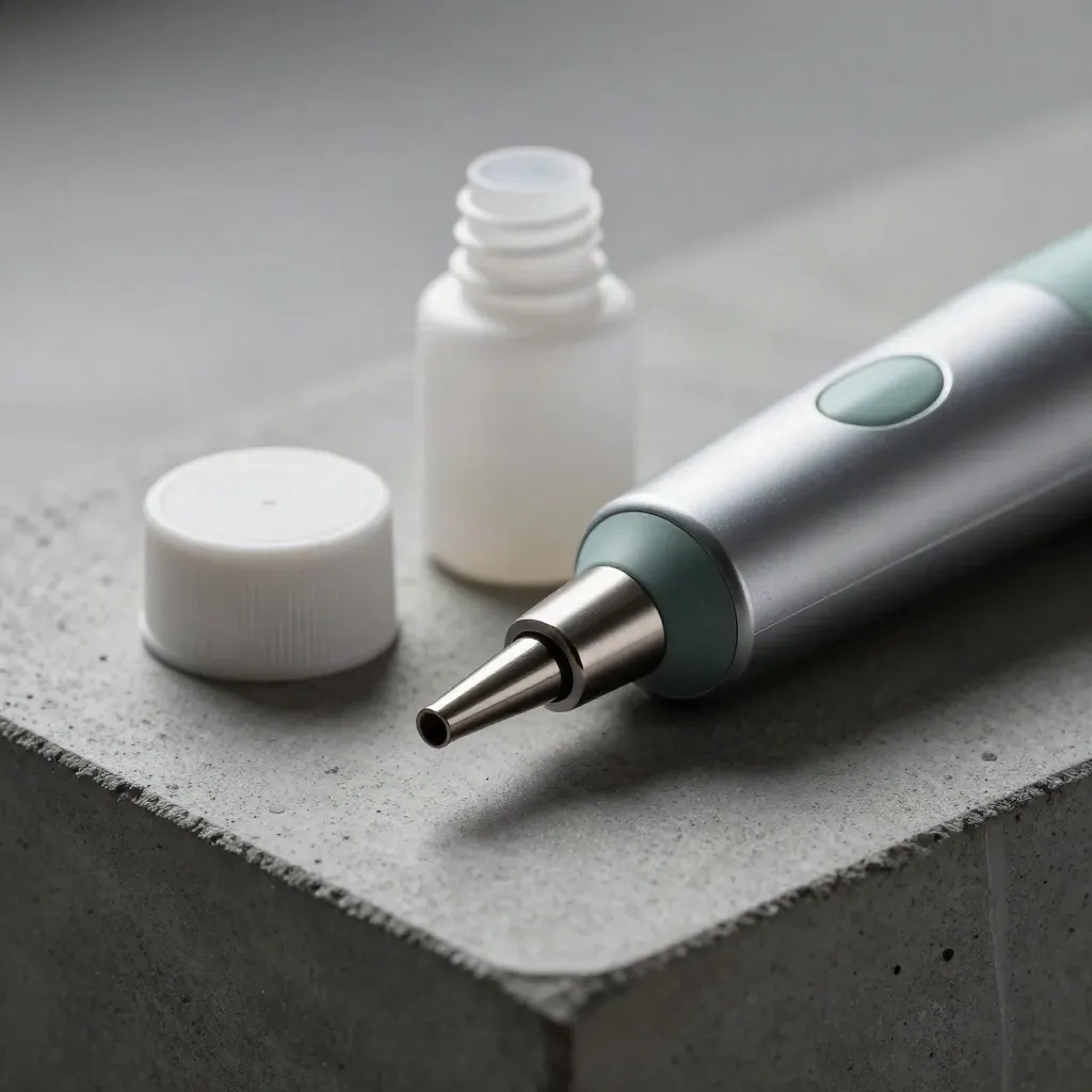 Laser handpiece tip, cap, and gel bottle on concrete with sharp rim light.