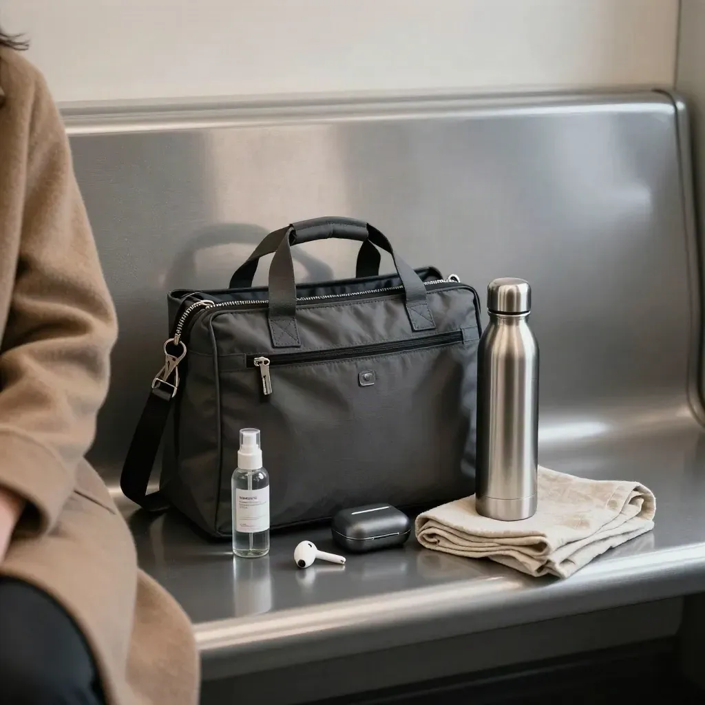 Charcoal commuter tote packed with skincare essentials, earbuds, bottle and cloth on a station bench.