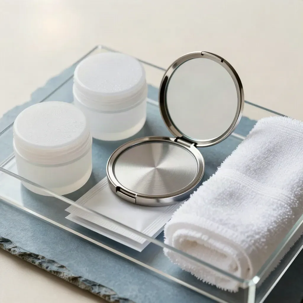 Macro flatlay of a clinic welcome kit with sample pots, compact mirror and sachets on pale stone.