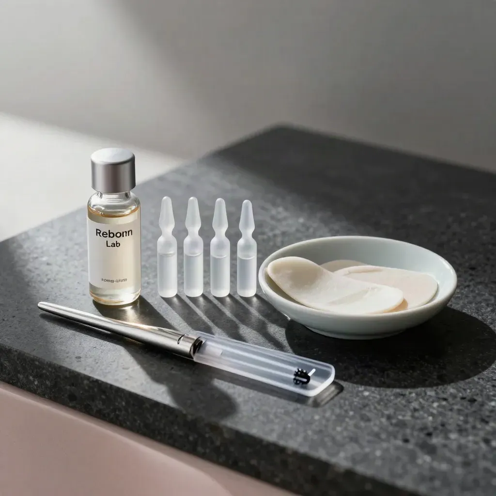 Skincare items for ageing skin on dark stone with blush accents and soft shadows
