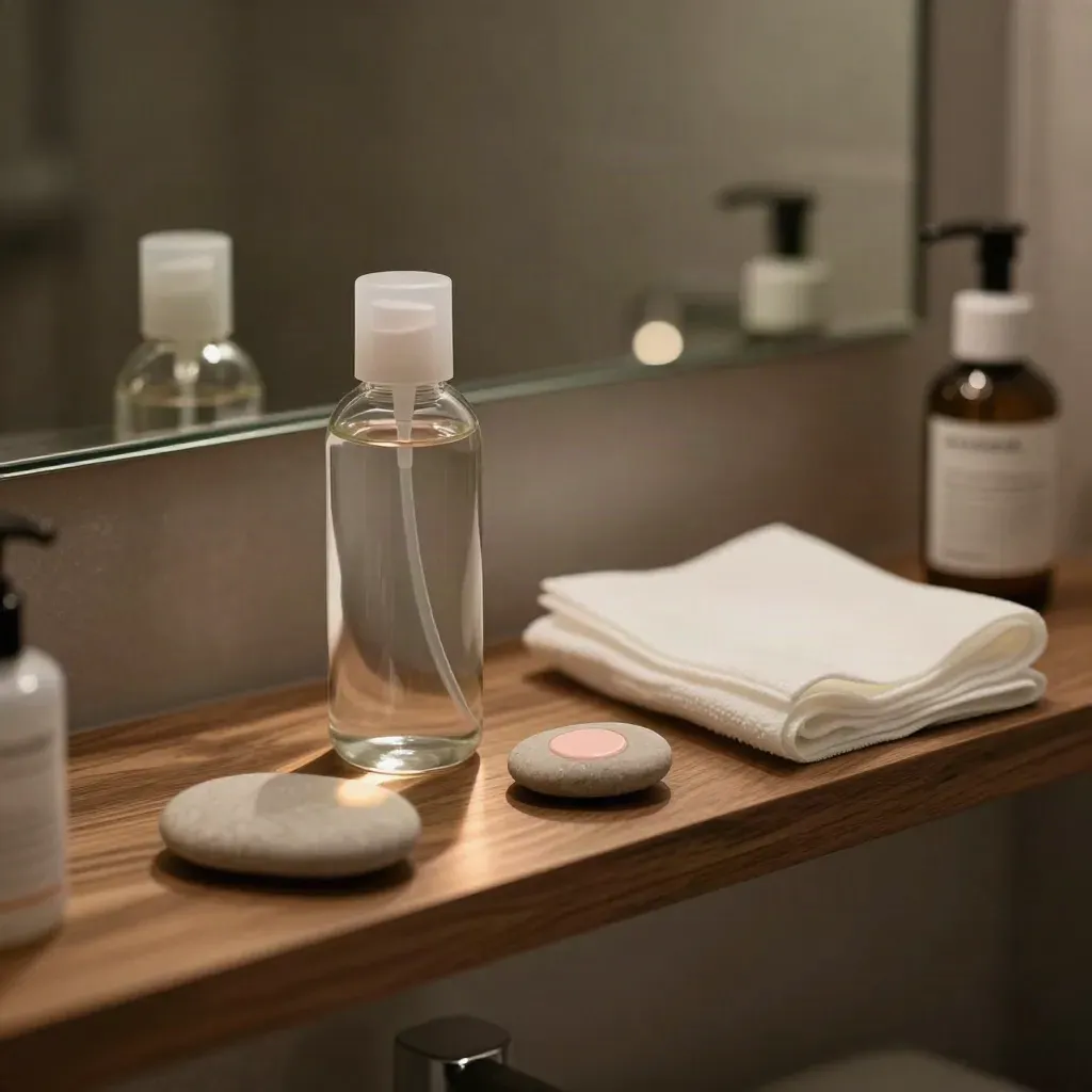 Skincare cleanser, serum, folded towels and stone dish on a bathroom shelf