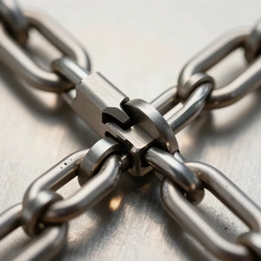 Close-up of linked metal rings and connector block on brushed steel.