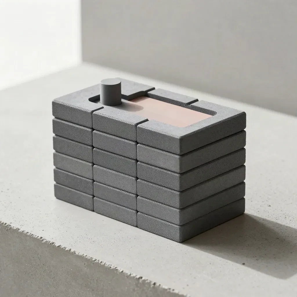 Graphite modular blocks and a matte peg on pale concrete, lit by soft haze.