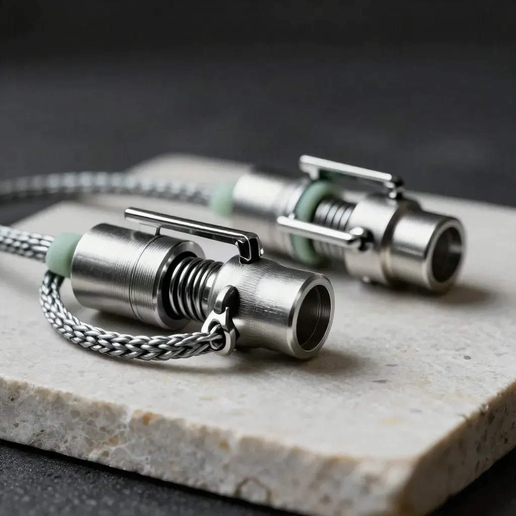 Polished cable couplers and braided loops bridging pale stone with sage accent.