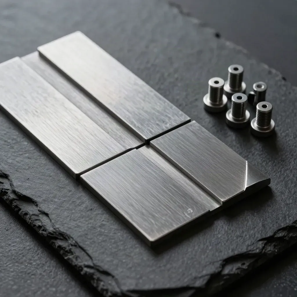 Steel tabs and guide pins aligned on dark slate, lit with crisp directional light.