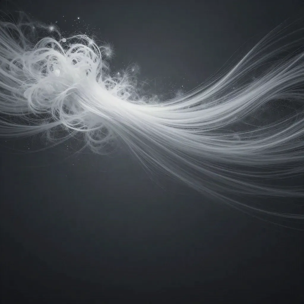 Abstract silver light filaments bloom in graphite haze with calm copy space